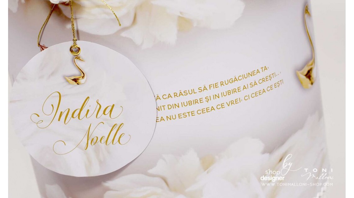 Trusou botez alb cu auriu deosebit de elegant cu lebade gold si broderie customizata Gold Swan 18